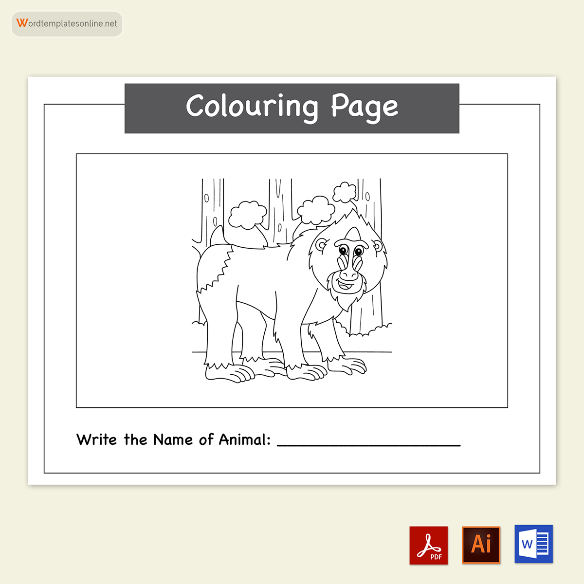 Professional Fillable Gorilla Coloring Page for Kids for Word and Adobe File