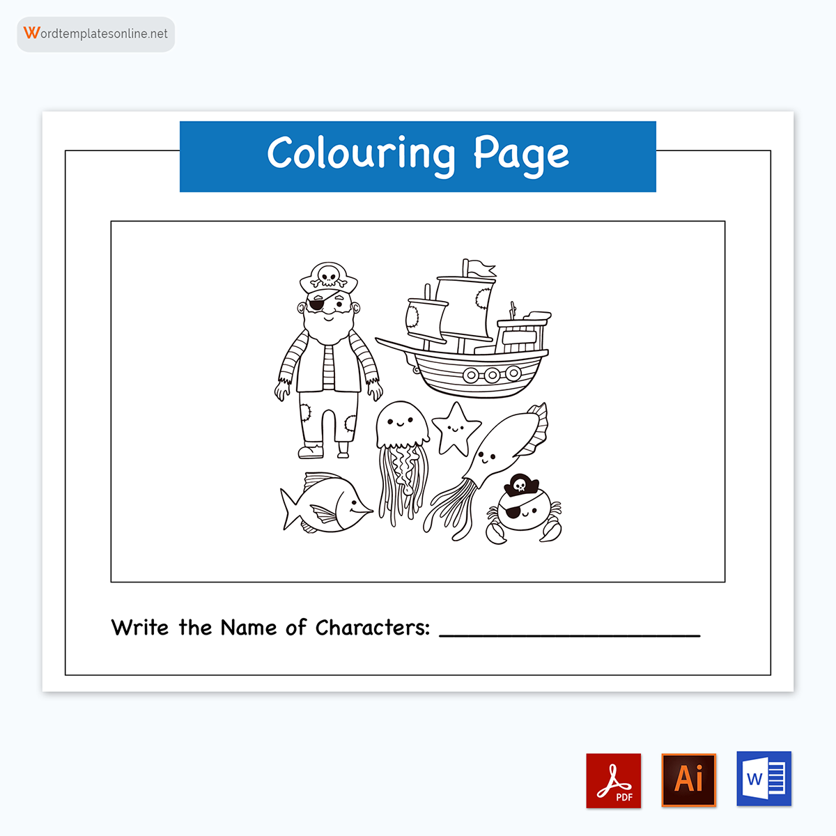 Professional Fillable Pirate Themed Coloring Page for Kids for Word and Adobe File