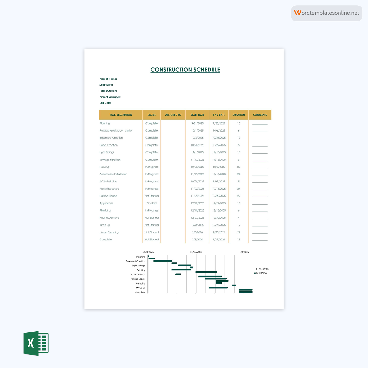 Construction Schedule Template - Excel - Free Download