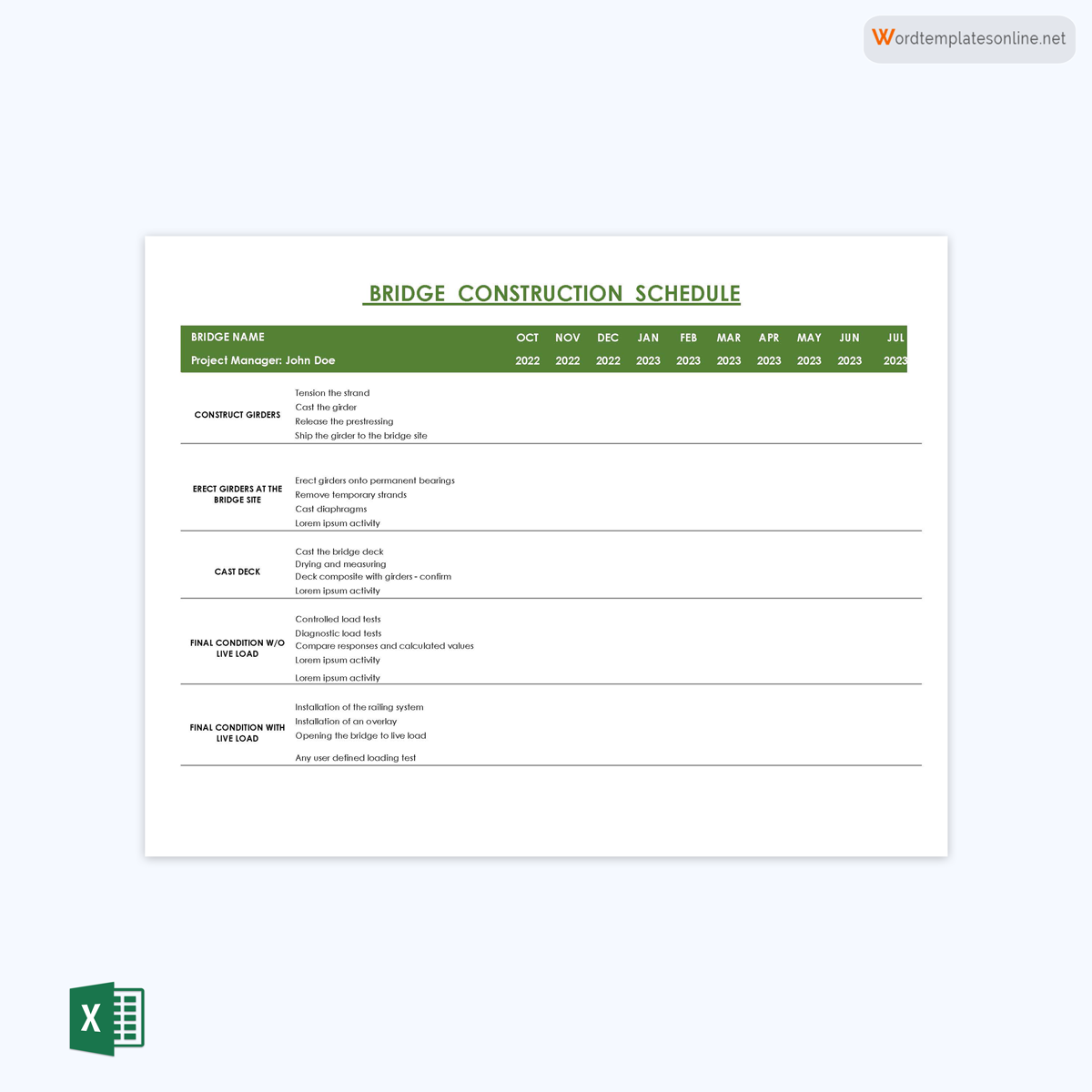 Free Editable Bridge Construction Schedule Template 01 in Excel Format
