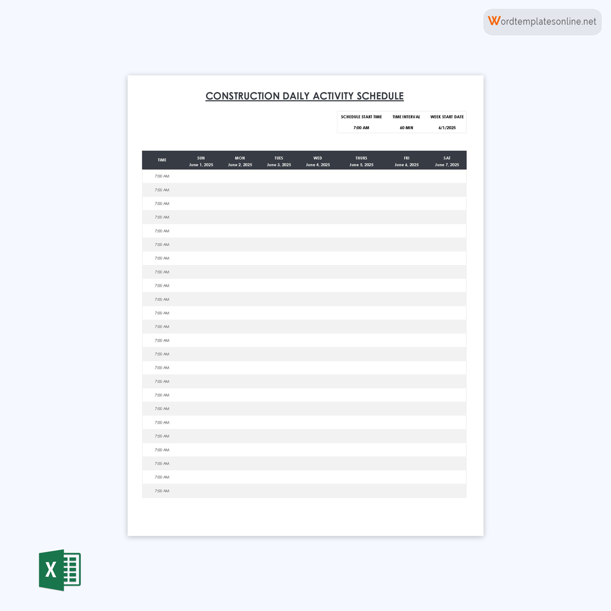 Free Printable Daily Construction Schedule Template 02 as Excel Sheet