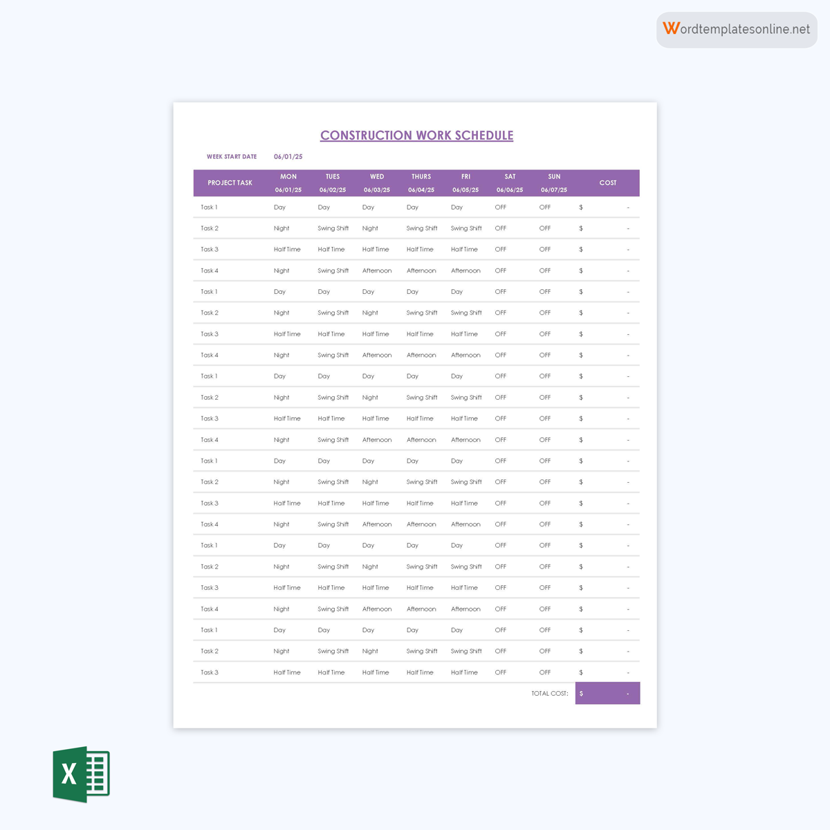 Free Printable Construction Work Schedule Template 01 as Excel Sheet