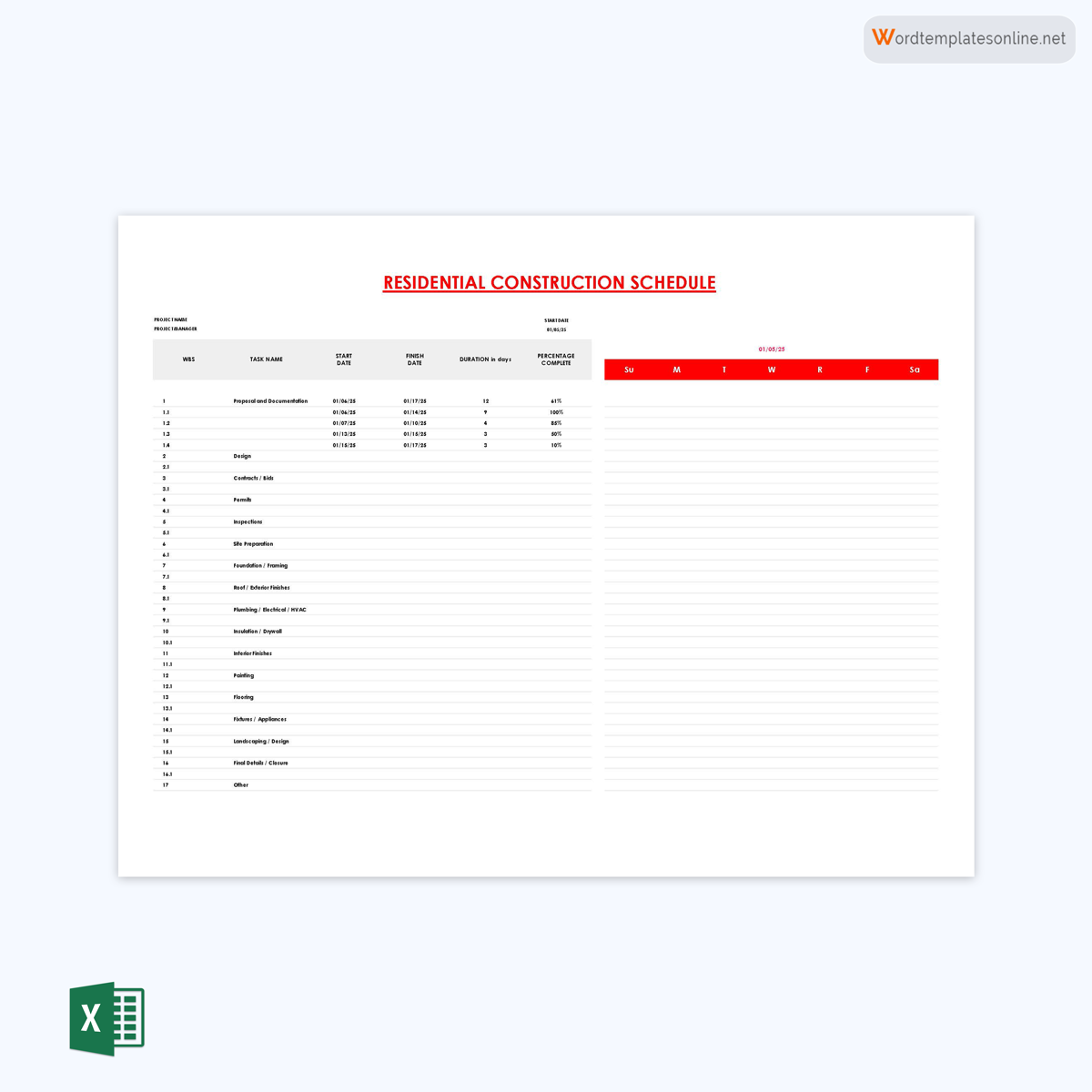 Free Printable Residential Construction Schedule Template 01 as Excel Sheet
