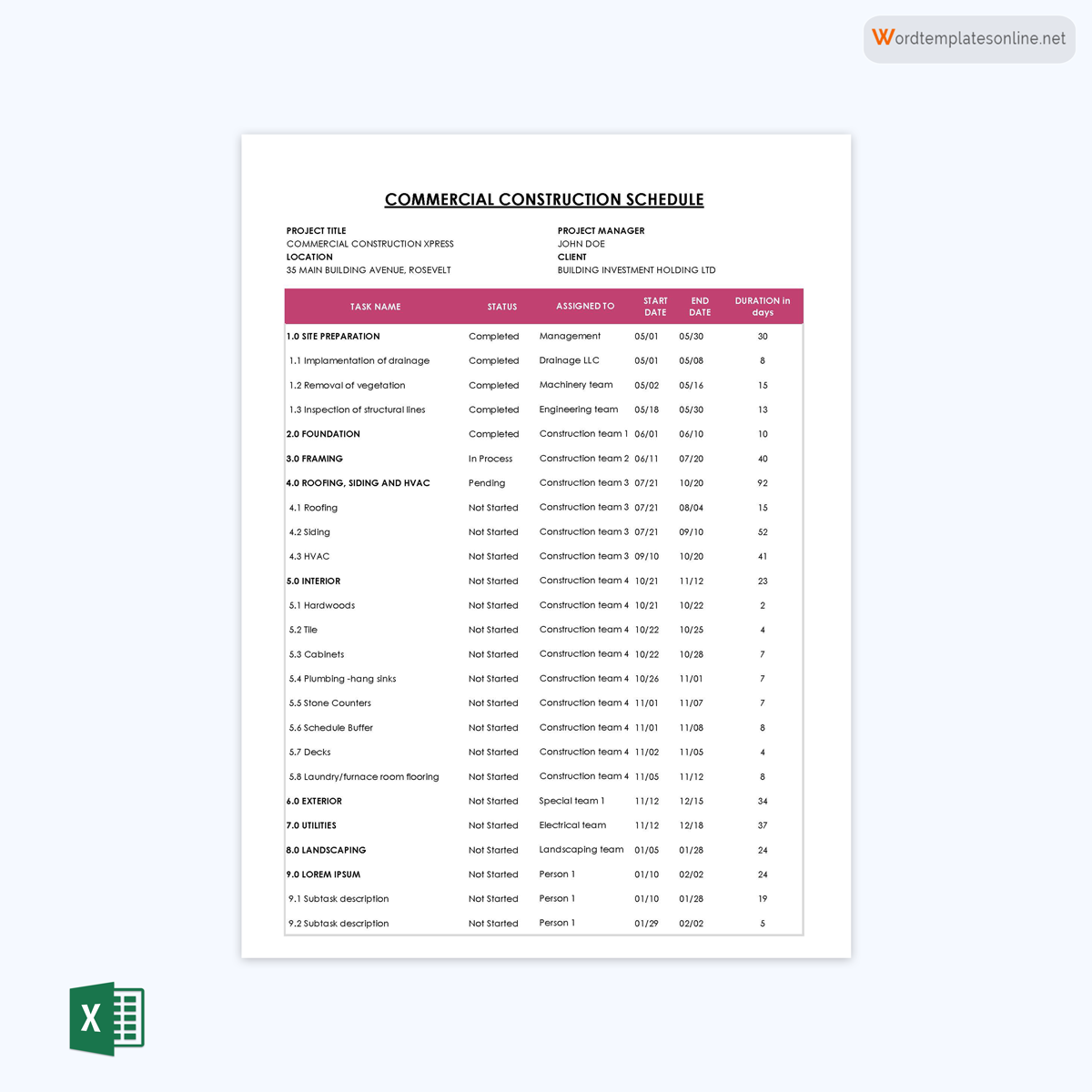 Free Printable Commercial Construction Schedule Template 01 as Excel Sheet