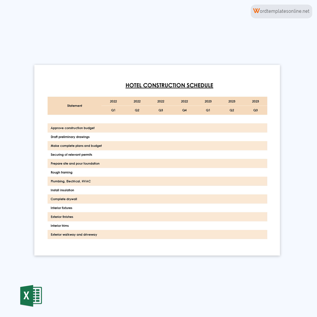 Free Printable Hotel Construction Schedule Template 01 as Excel Sheet