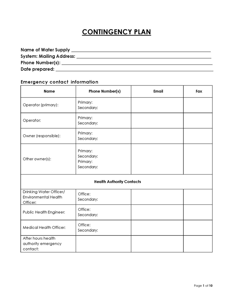 Free Downloadable General Contingency Plan Template 09 in Word Format