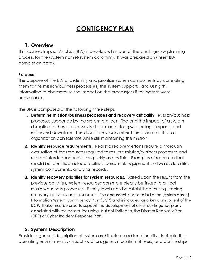 Free Downloadable General Contingency Plan Template 05 in Word Format