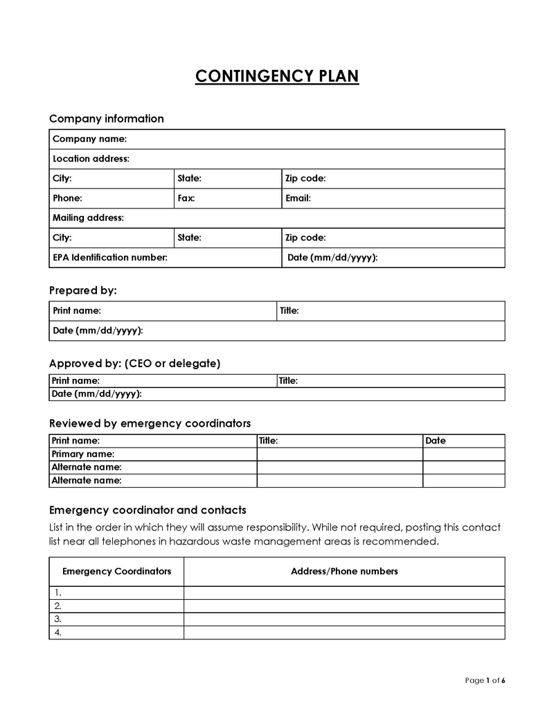 Free Downloadable General Contingency Plan Template 03 in Word Format