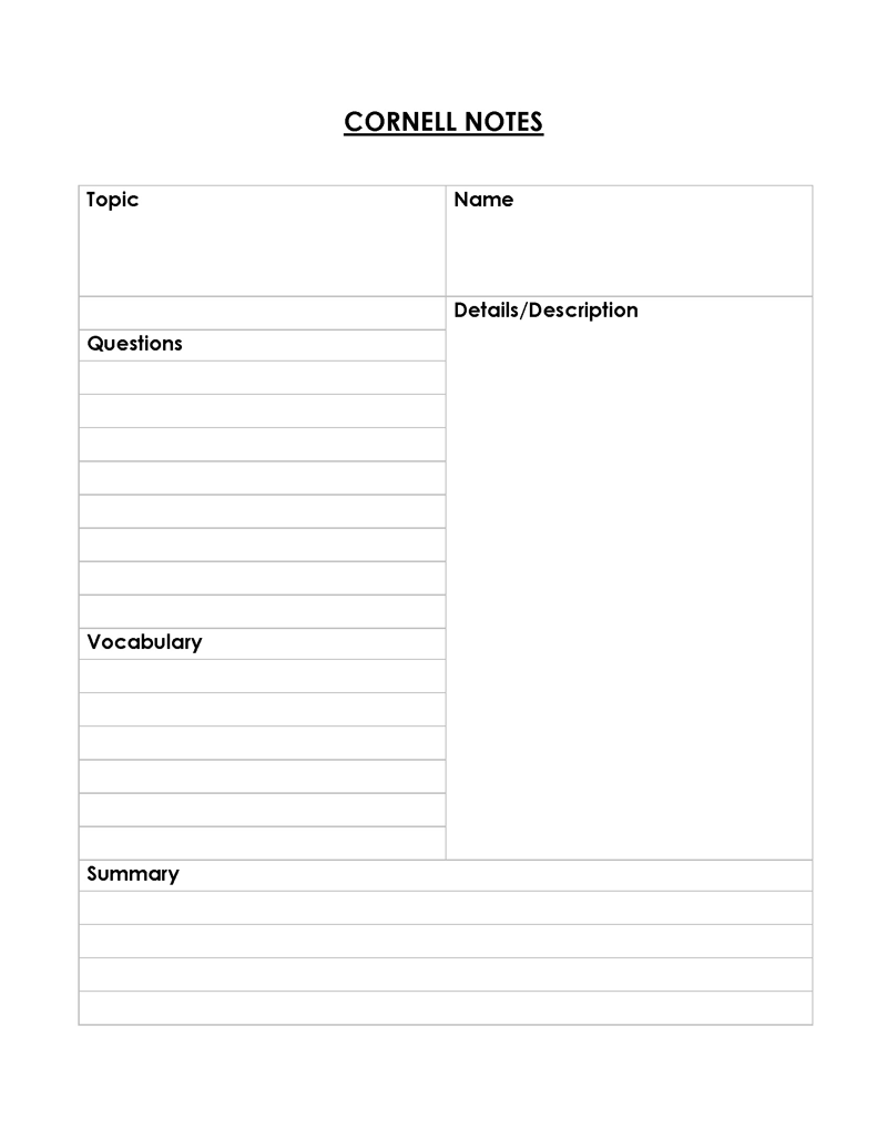 Excel Cornell Note Template