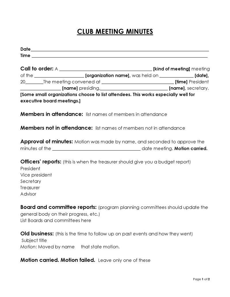 minutes of meeting template doc