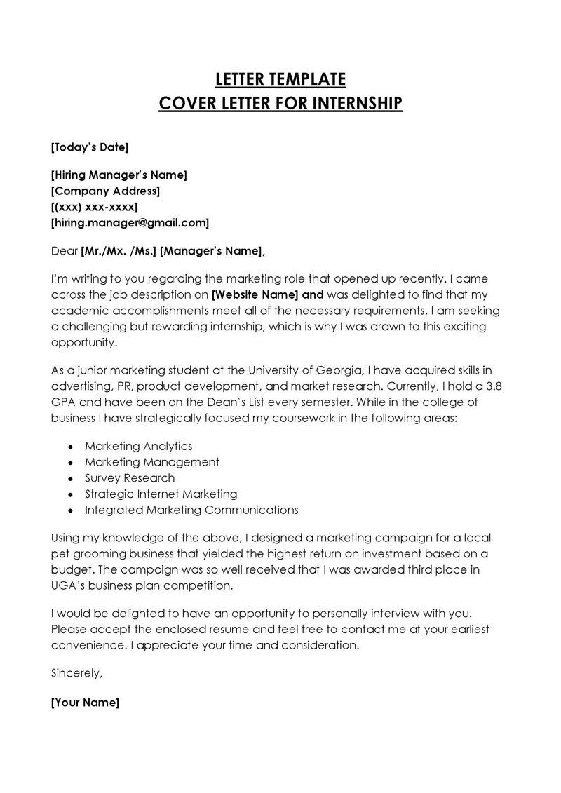 Word internship cover letter example