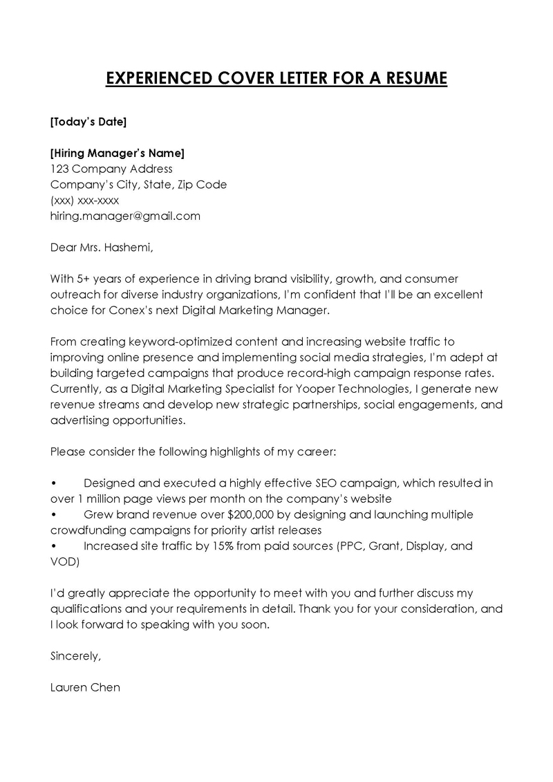 Cover Letter for Experienced Candidate Sample