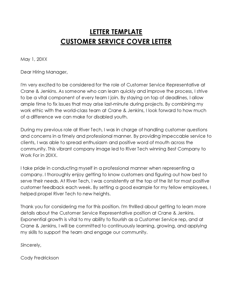 Free Downloadable Customer Service Cover Letter Sample 02 as Word Document