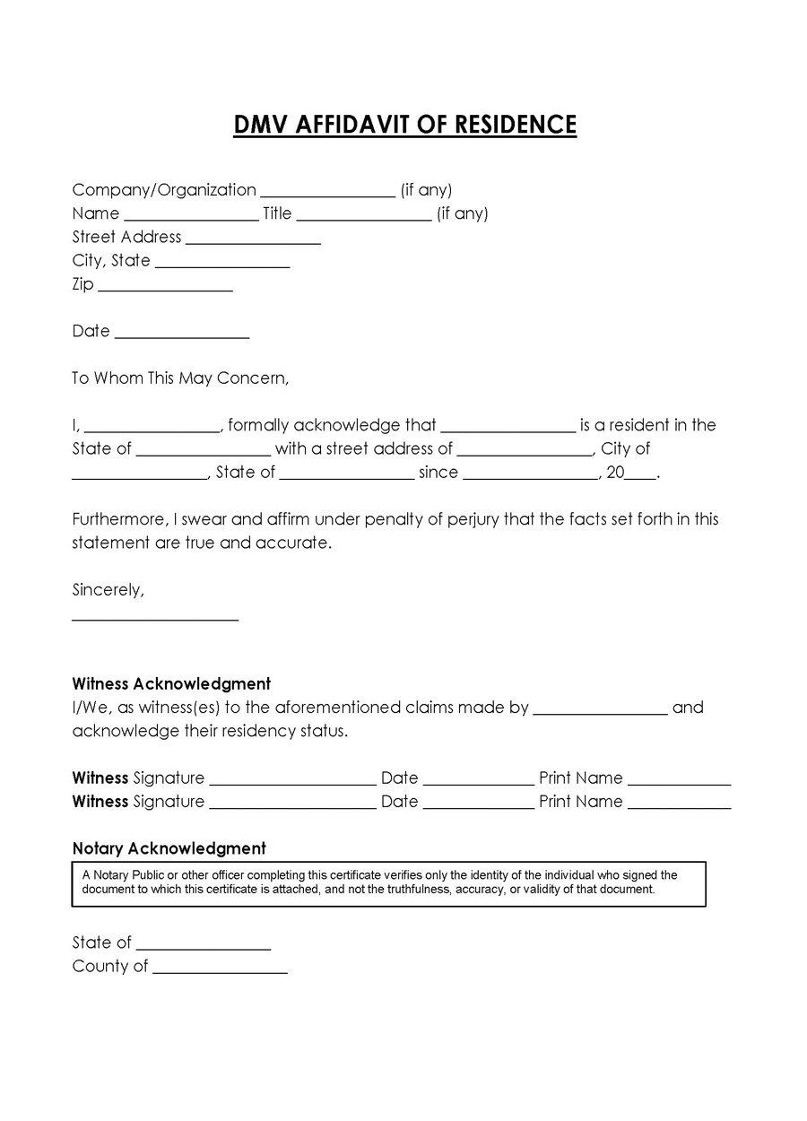 Free DMV Affidavit of Residency Sample