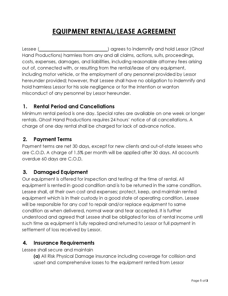 "Editable Equipment Rental Agreement Form Example"