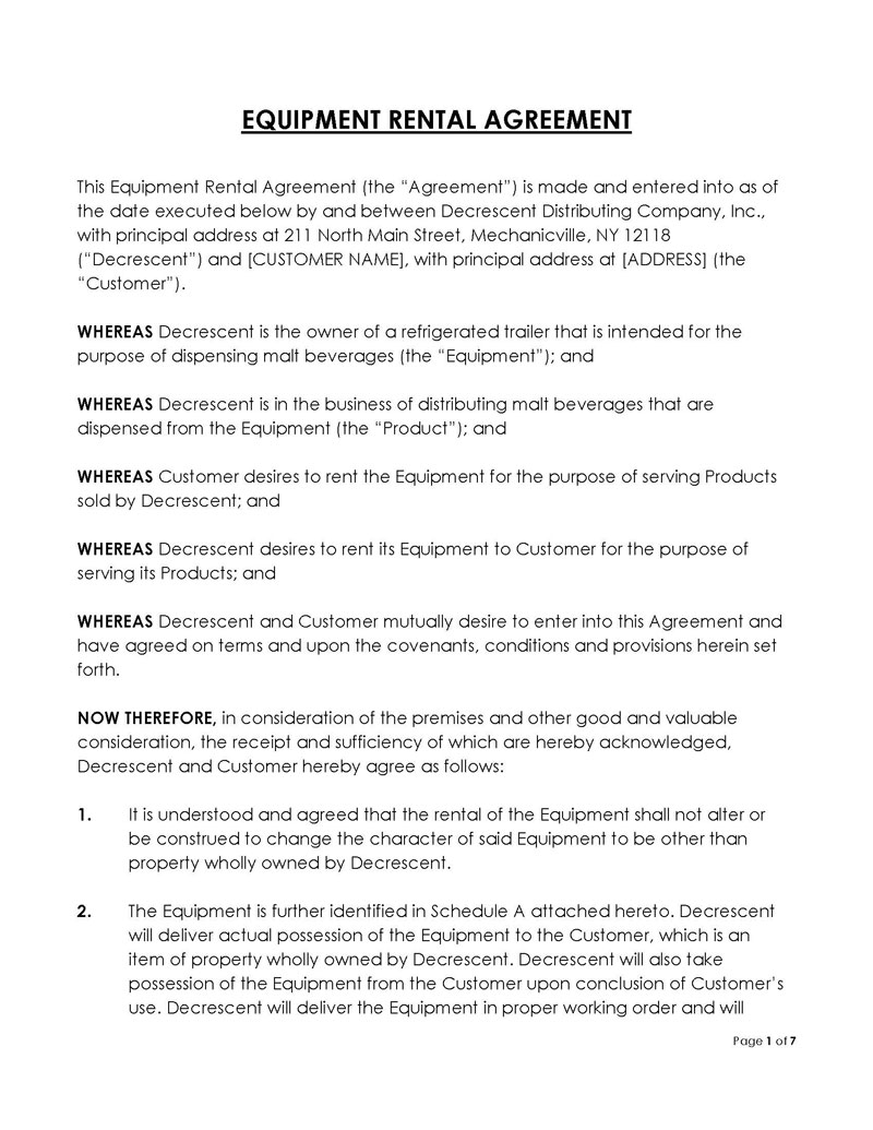 Free Downloadable Equipment Rental Agreement Sample 03 for Word Document