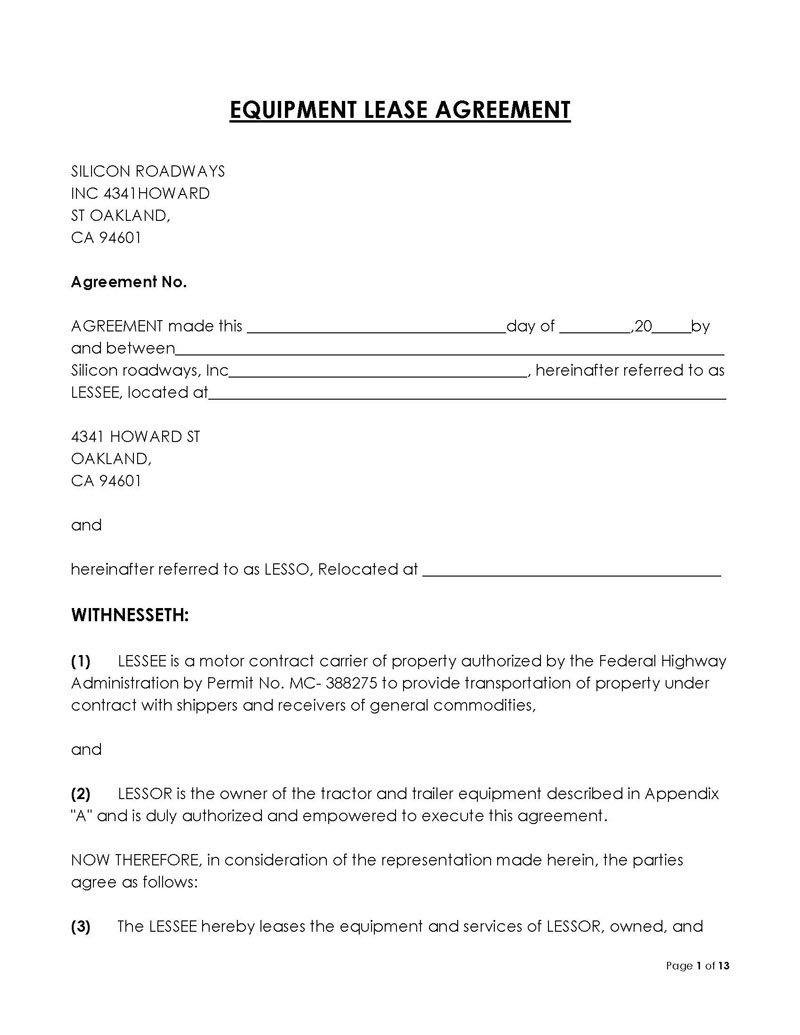 "Printable Equipment Rental Agreement Form"