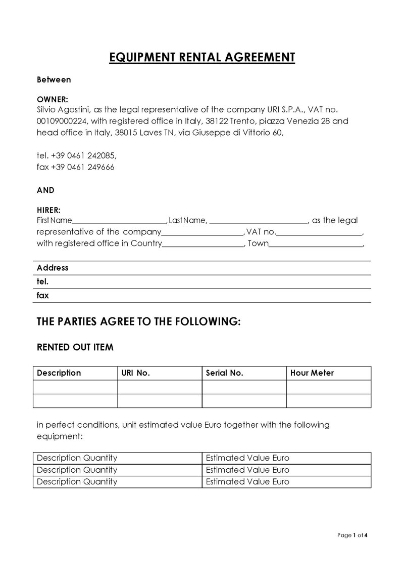 Free Downloadable Equipment Rental Agreement Sample 05 for Word Document