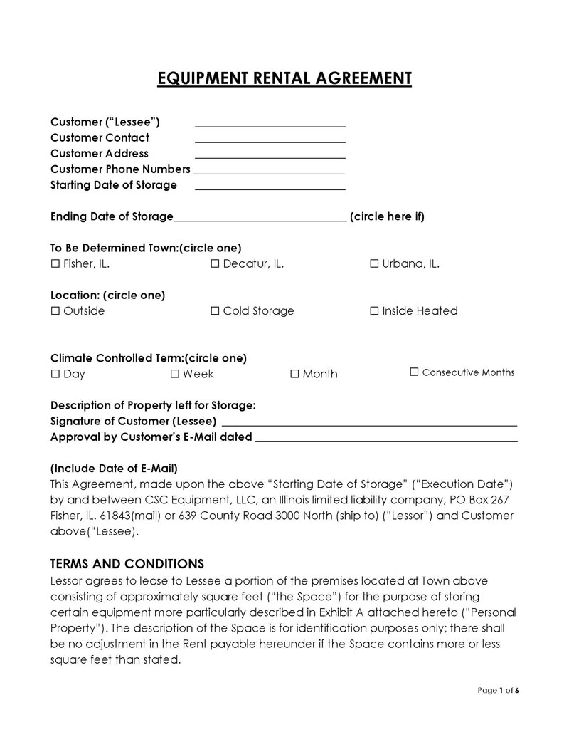 "Free Equipment Rental Agreement Template Sample"