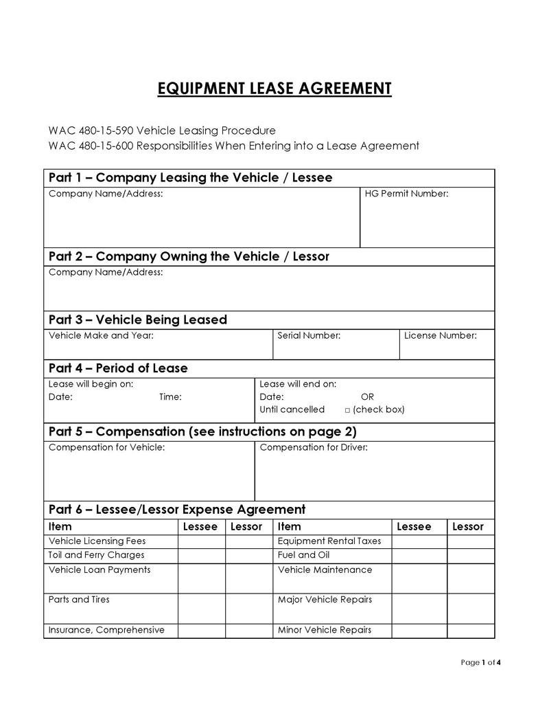 "Printable Equipment Rental Agreement Form Example"