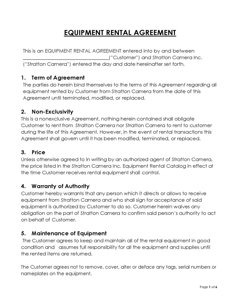 Great Printable Equipment Rental Agreement Template 02 for Word Format