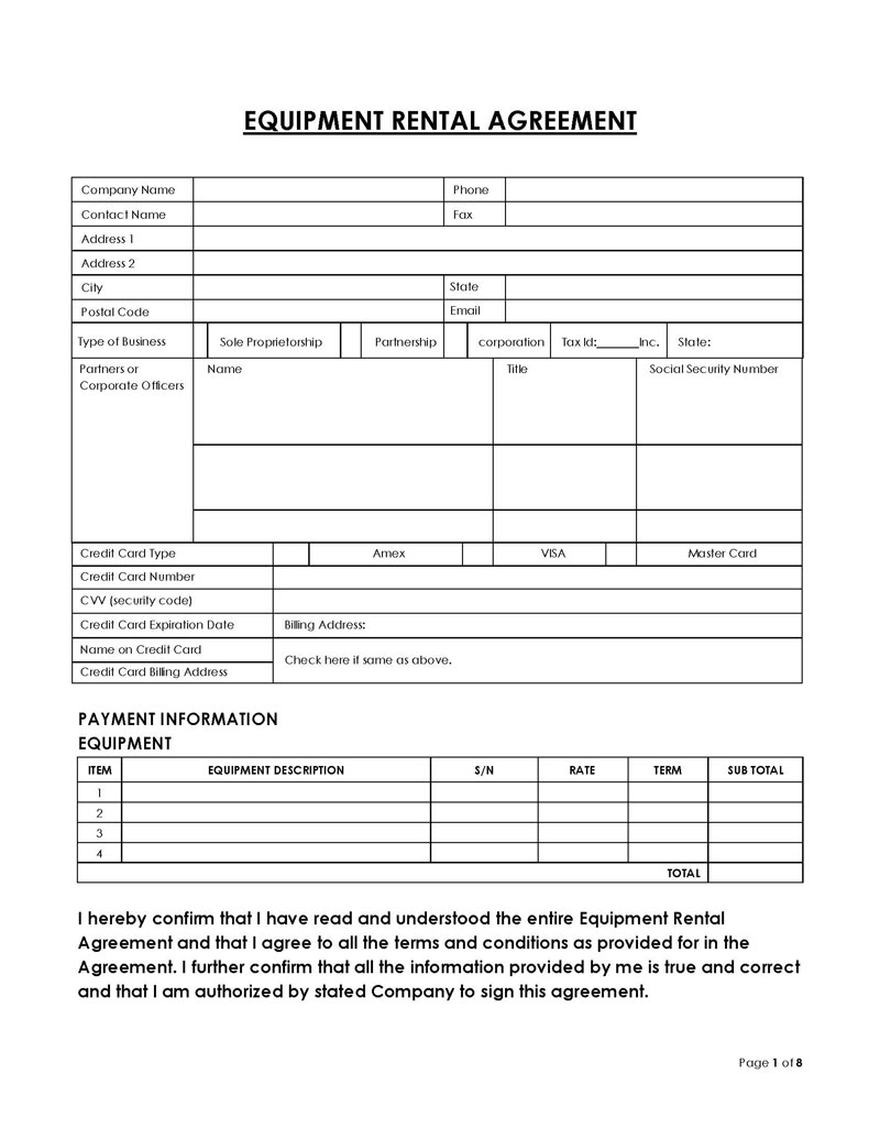 "Free Equipment Rental Agreement Template for Download"