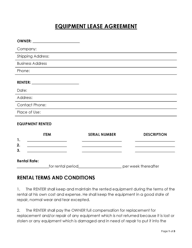 equipment rental agreement template free