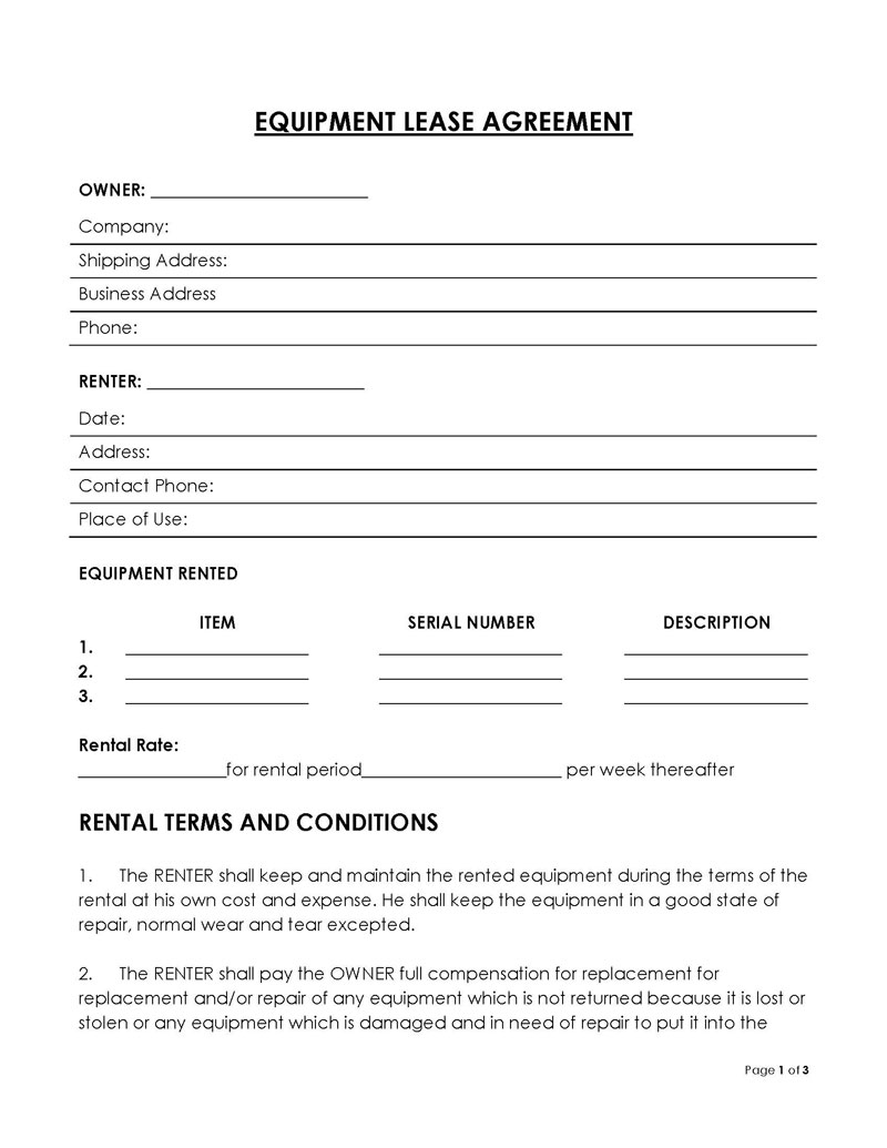 Professional Editable Equipment Lease Agreement Template as Word Document