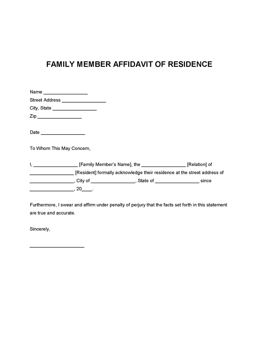 Family Member Affidavit of Residence Letter
