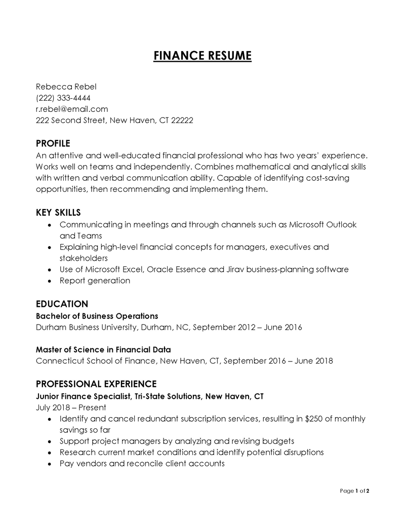 finance resume template word