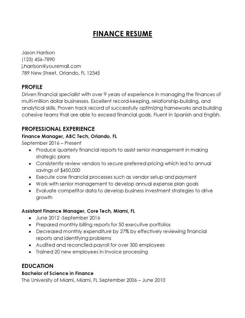 finance resume skills