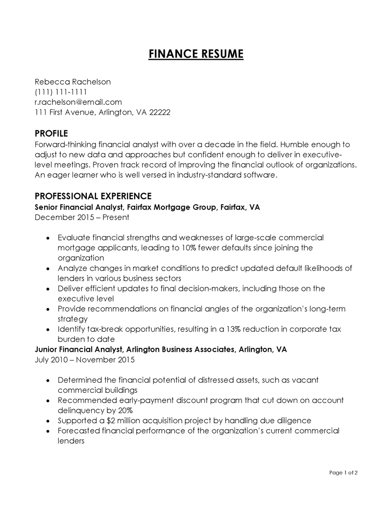 indeed finance resume