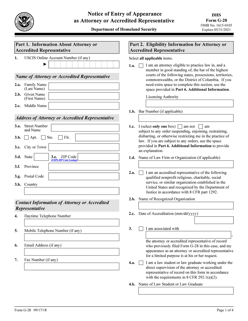 Free Fillable Form G-28 for PDF