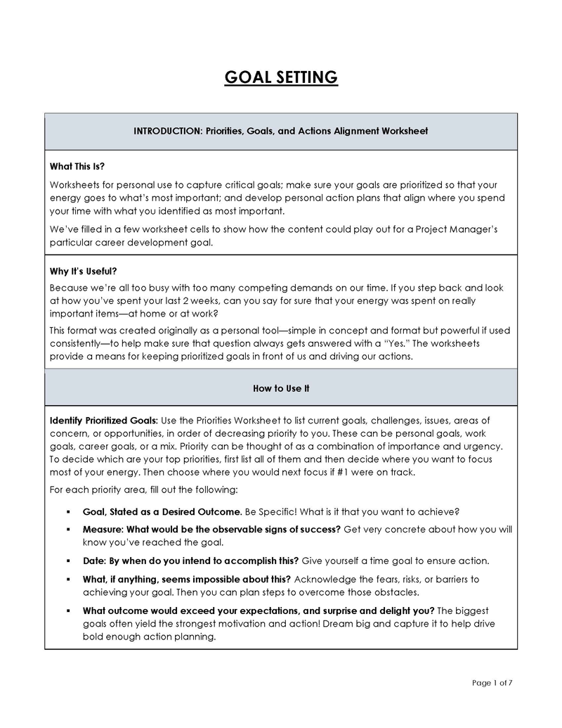 Free Downloadable General Goal Setting Template 01 for Word Document