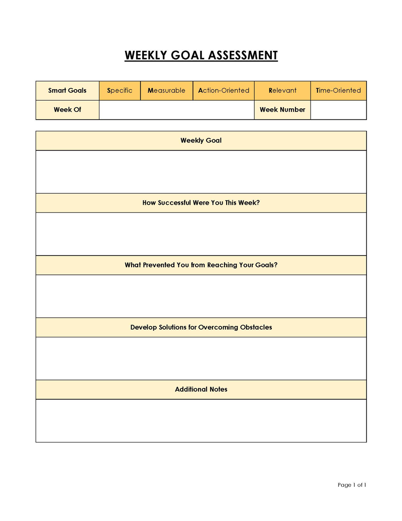 Free Downloadable Weekly Goal Assessment Template for Word Document