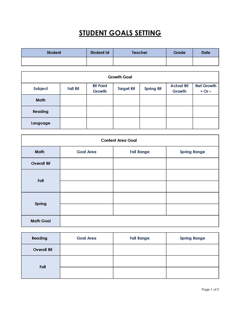 Free Downloadable Student Goals Setting Sample for Word Document