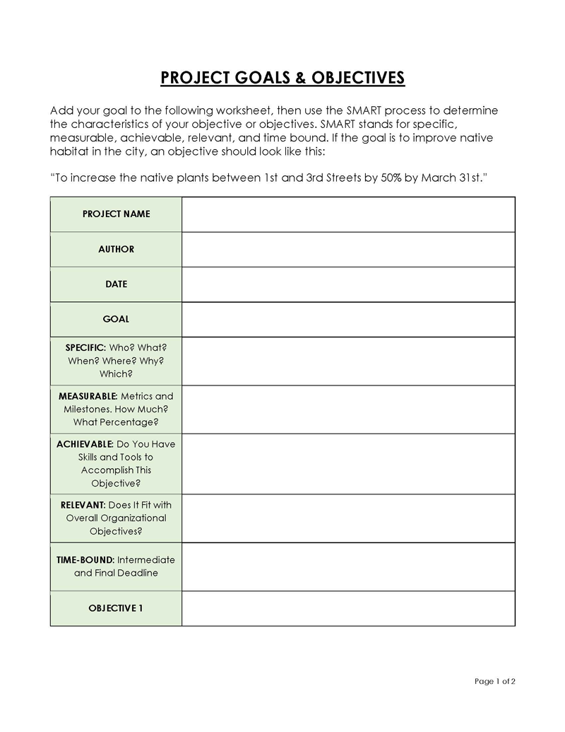 Free Printable Project Goals and Objectives Worksheet Sample for Word File
