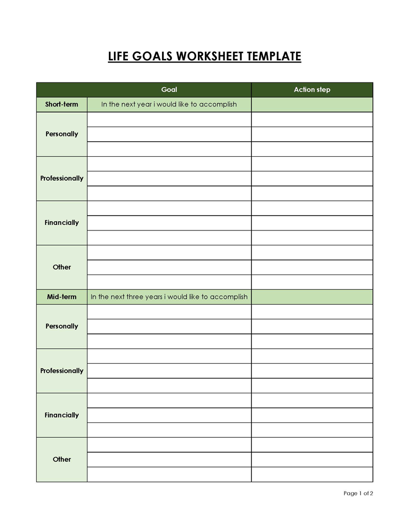 Free Printable Life Goals Worksheet Sample for Word File
