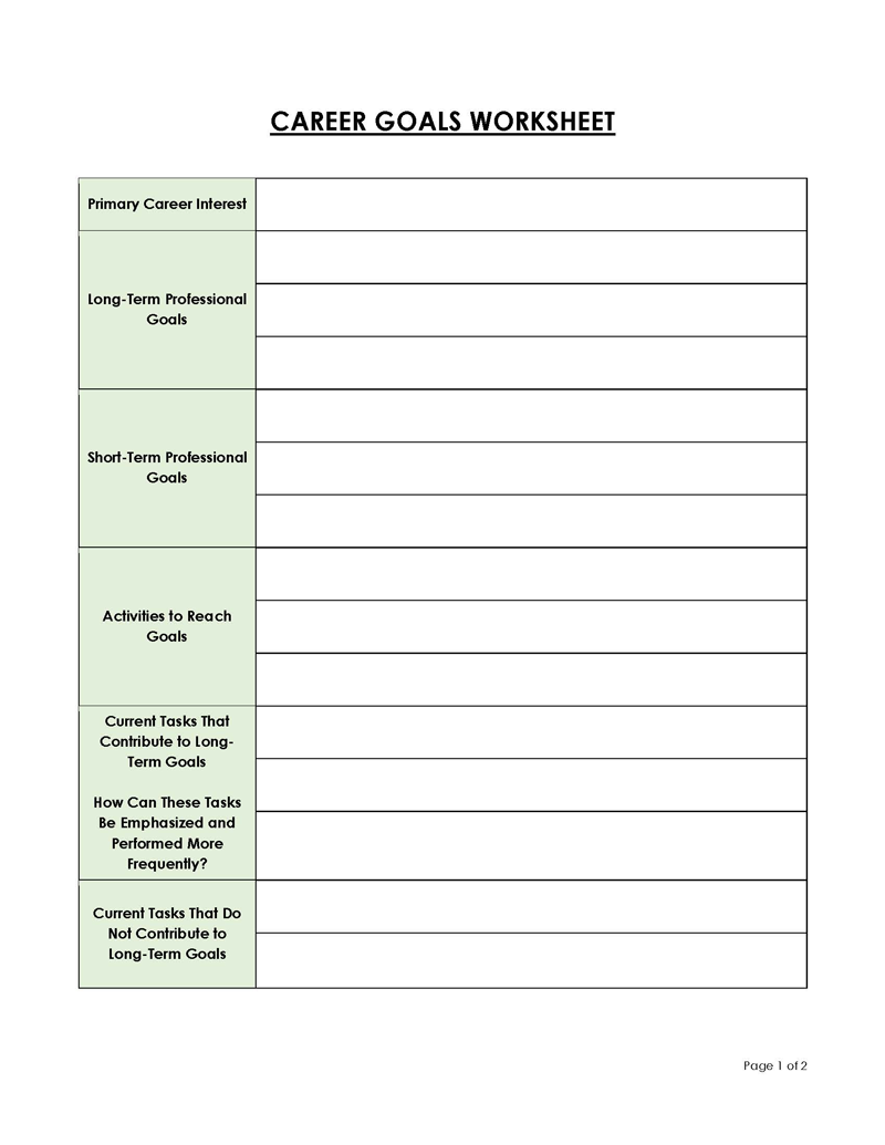 Free Printable Career Goals Worksheet Sample for Word File
