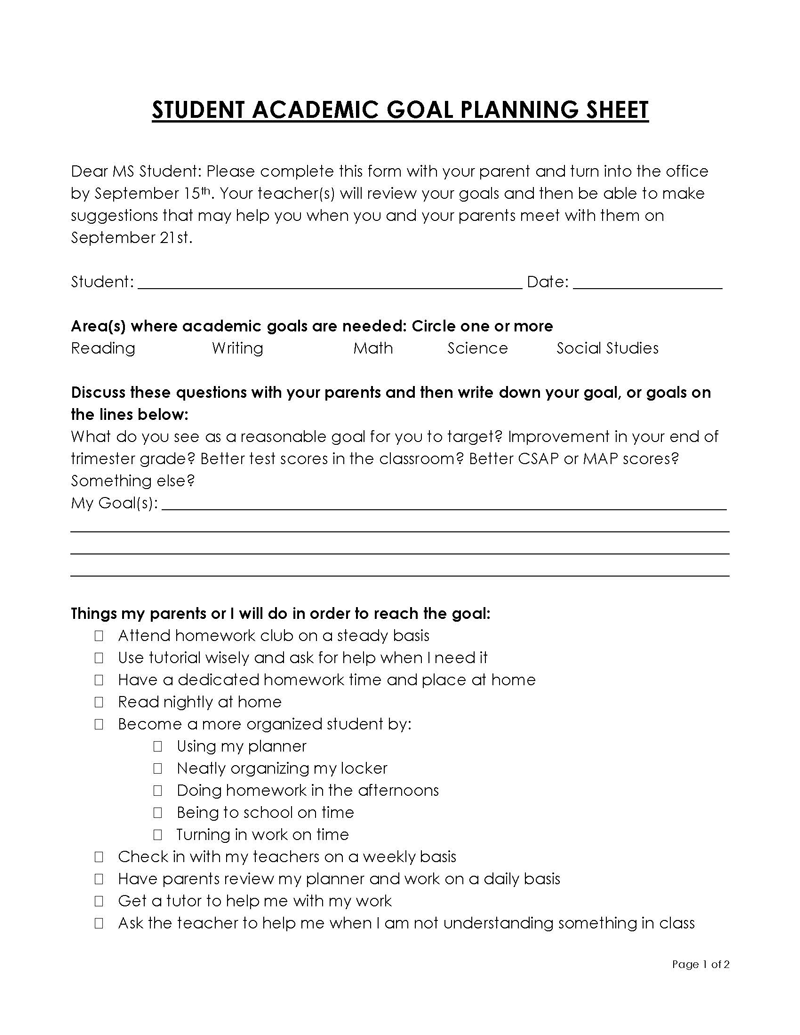 Free Printable Student Academic Goal Planning Sheet for Word File