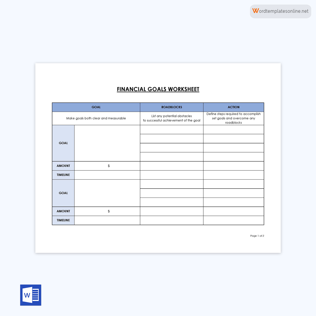 Great Comprehensive Financial Goals Worksheet Template for Word Document