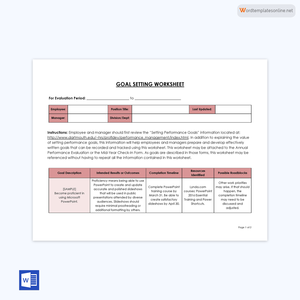 Great Comprehensive Goals Setting Worksheet Template for Word Document