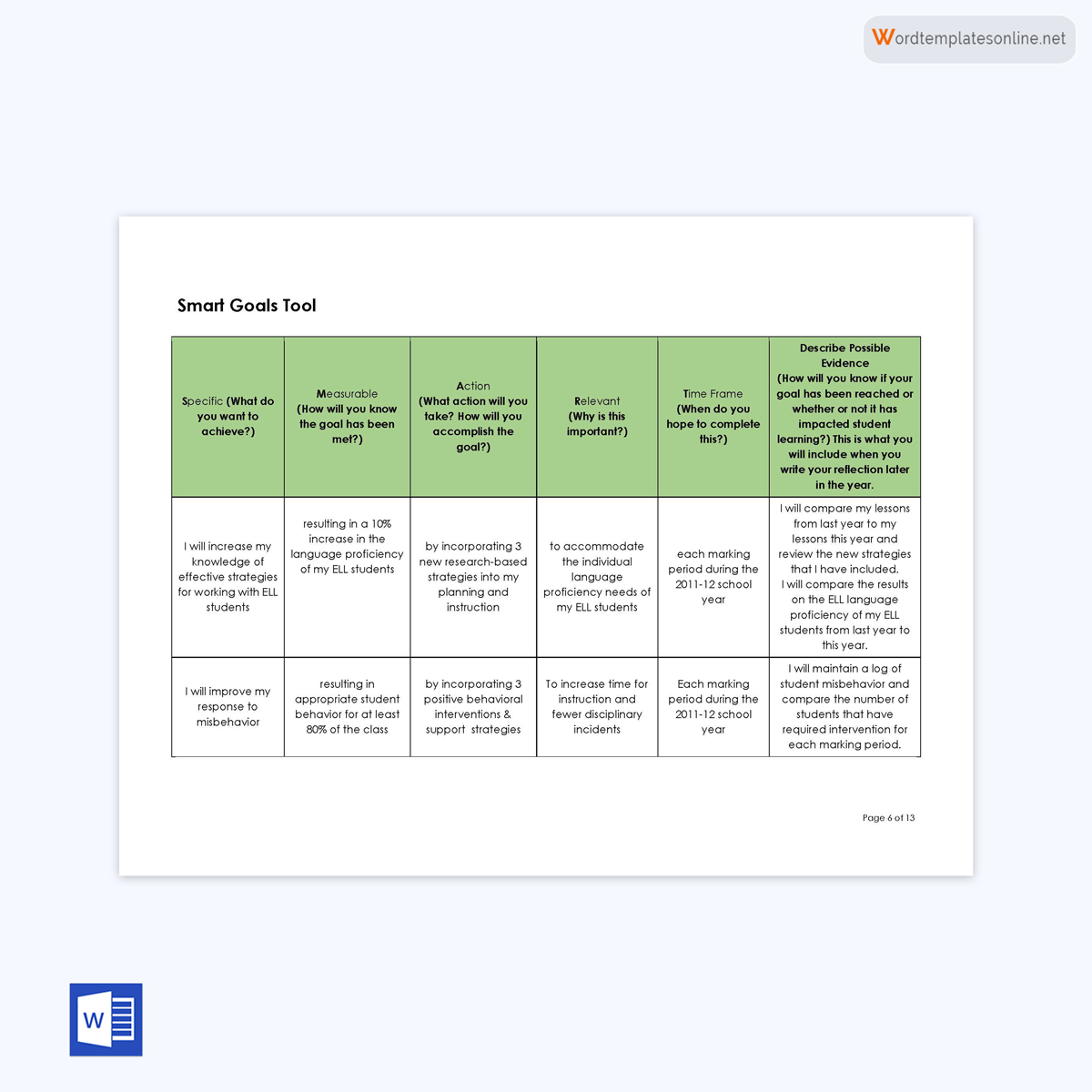 Great Comprehensive Smart Goals Tool Sample for Word Document