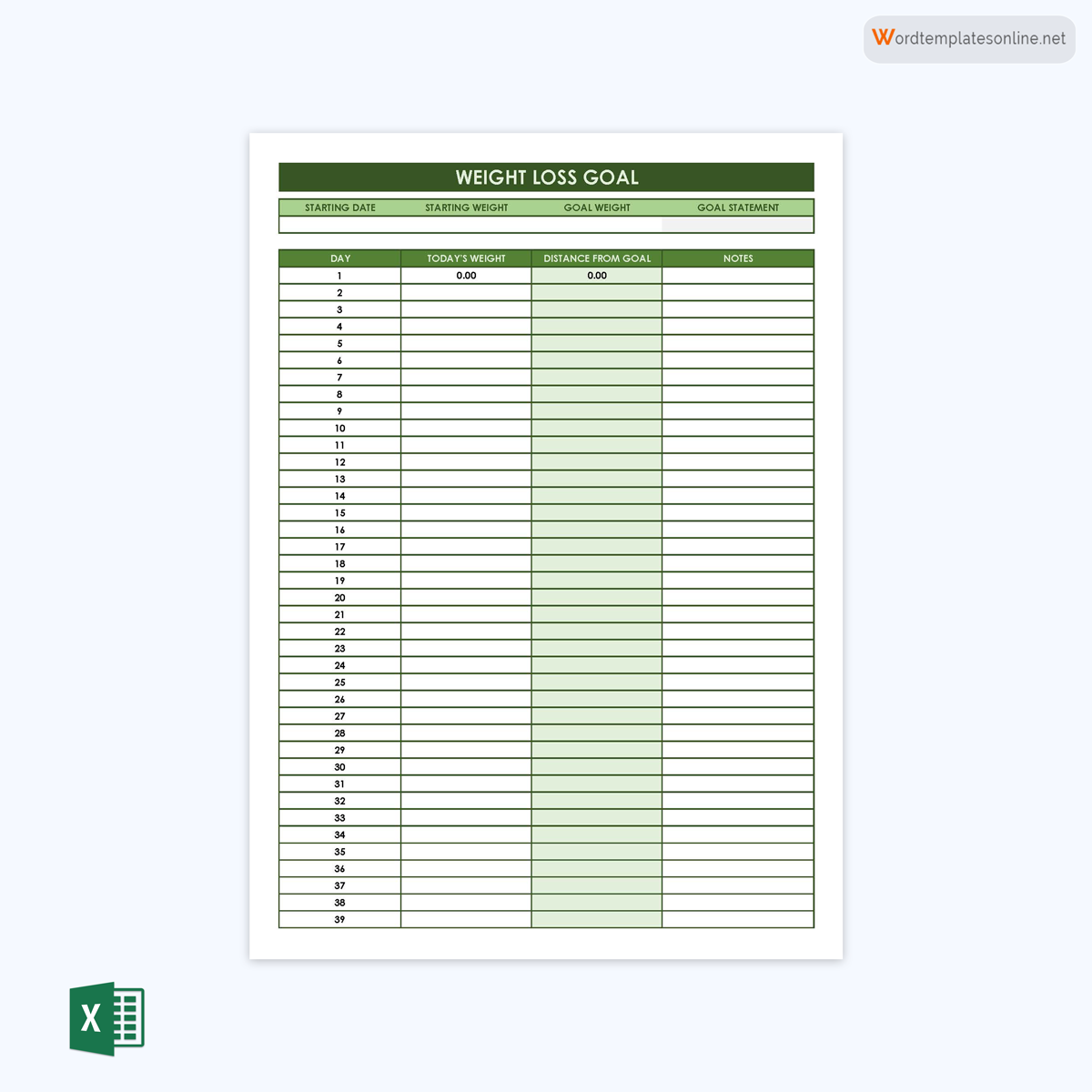 Free Downloadable Weight Loss Goals Worksheet Sample as Excel Sheet