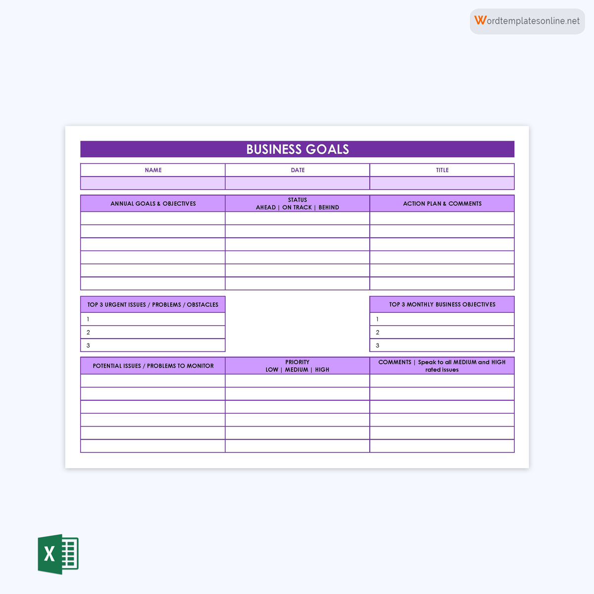 Free Downloadable Business Goals Setting Sample as Excel Sheet