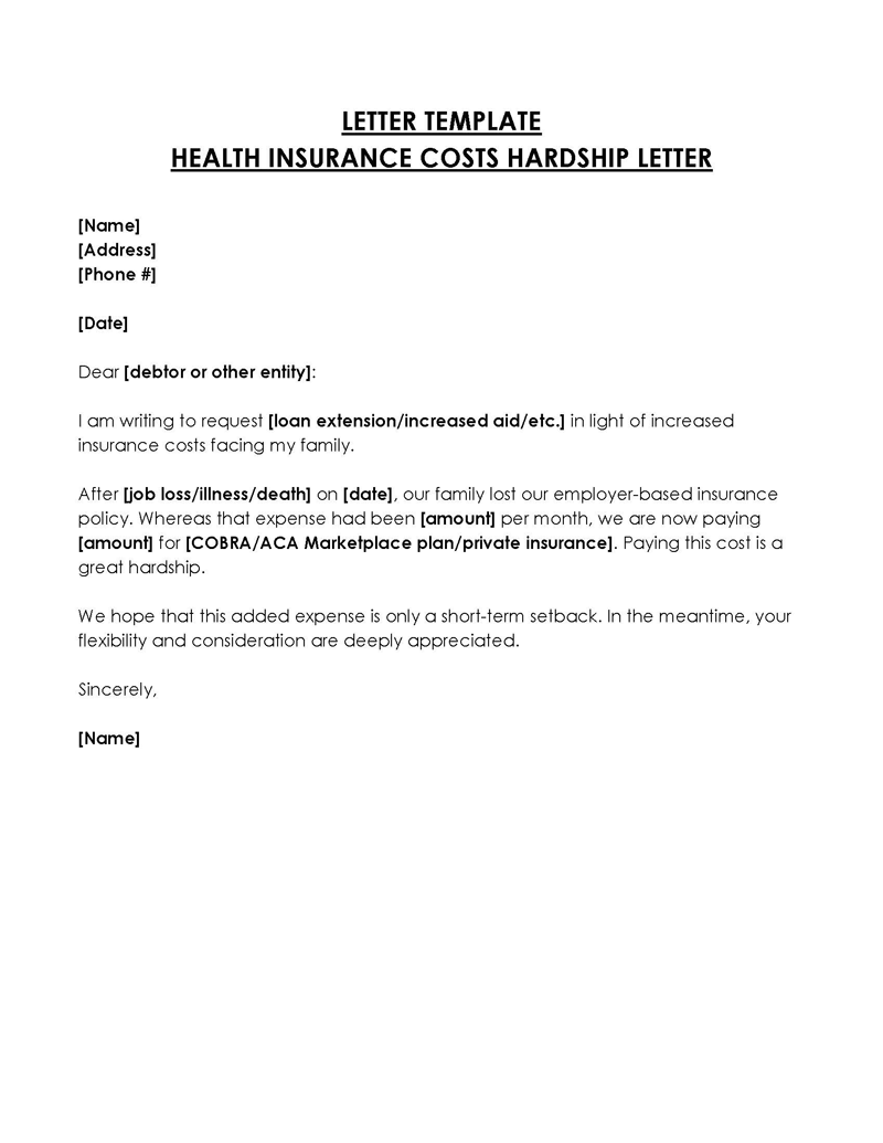 Free Printable Health Insurance Costs Hardship Letter Template for Word