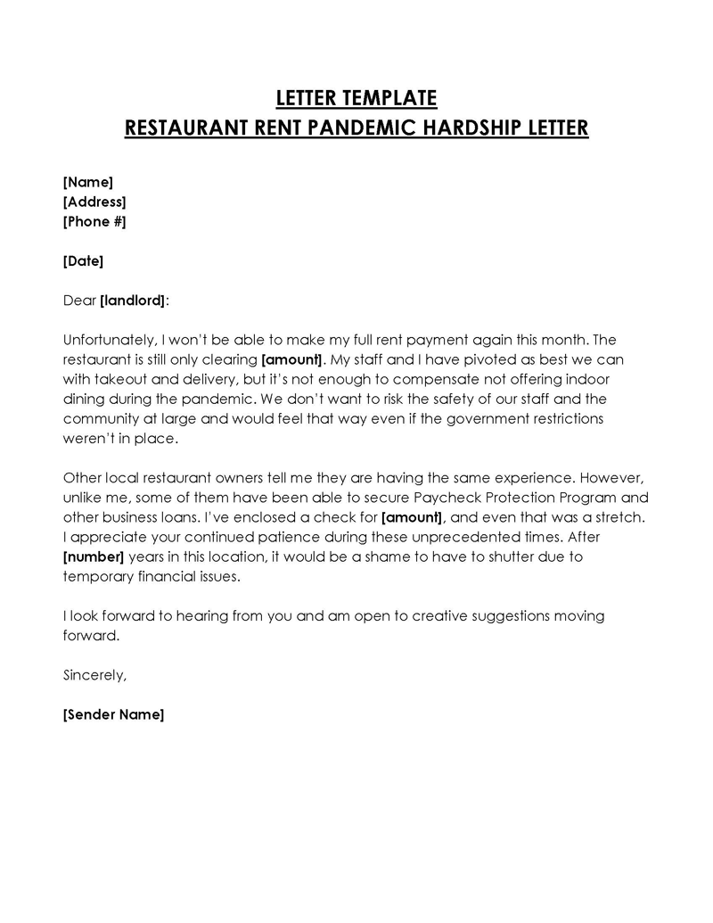 Free Downloadable Restaurant Rent Pandemic Hardship Letter Sample in Word Format