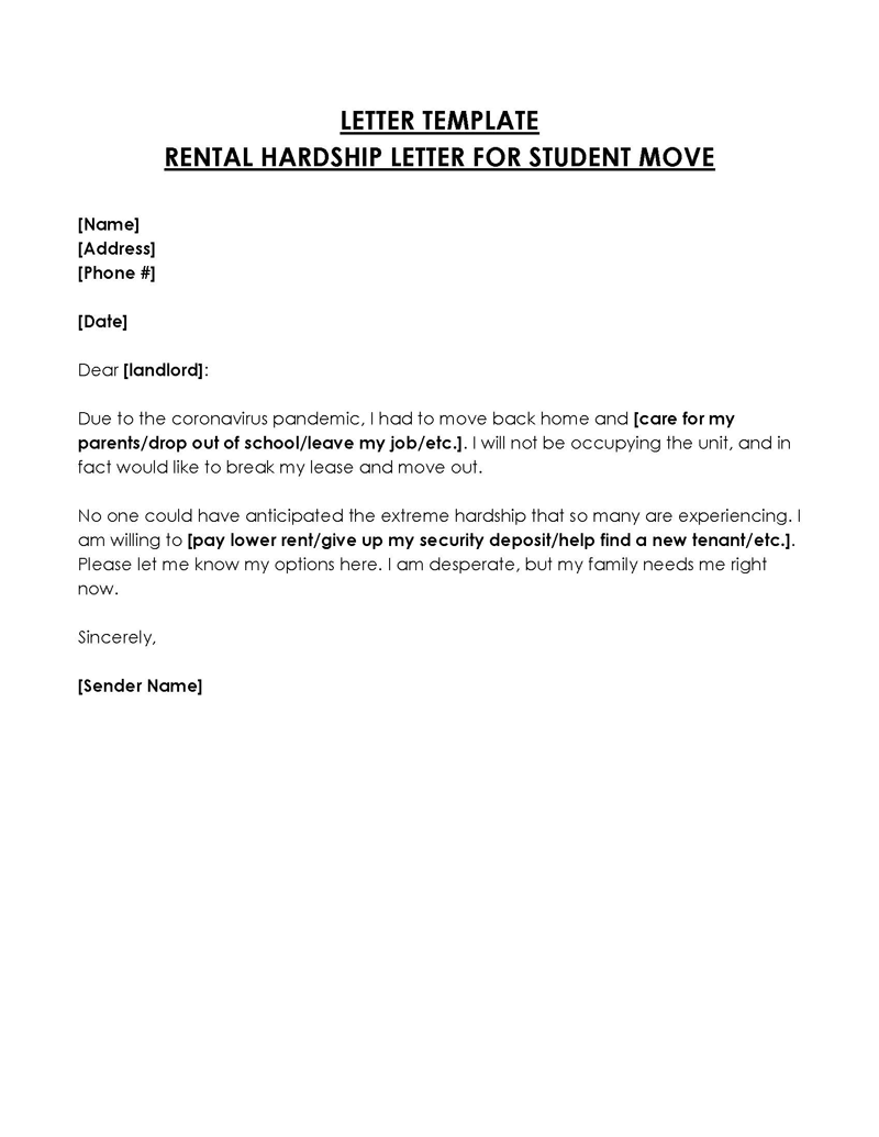 Free Printable Rental Hardship Letter for Student Move Template 01 as Word File