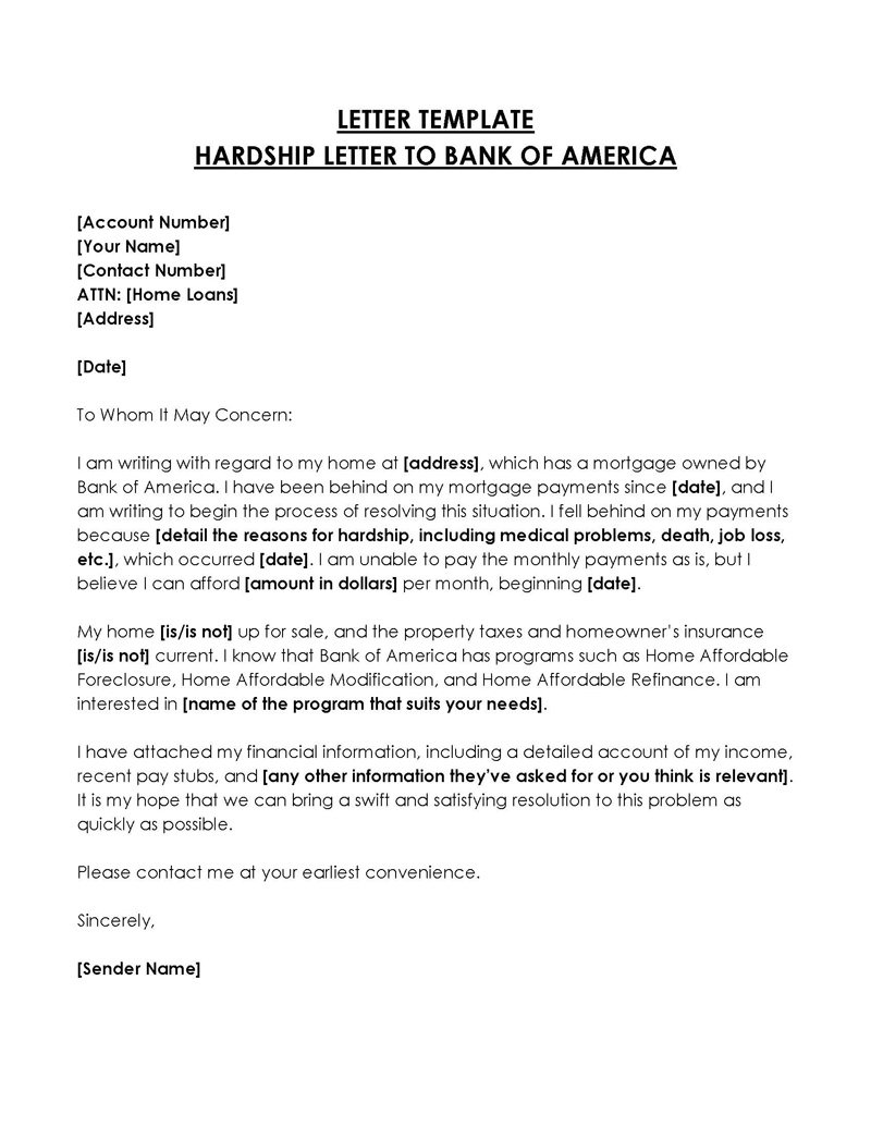 Best Printable Hardship Letter to Bank of America Template in Word Format