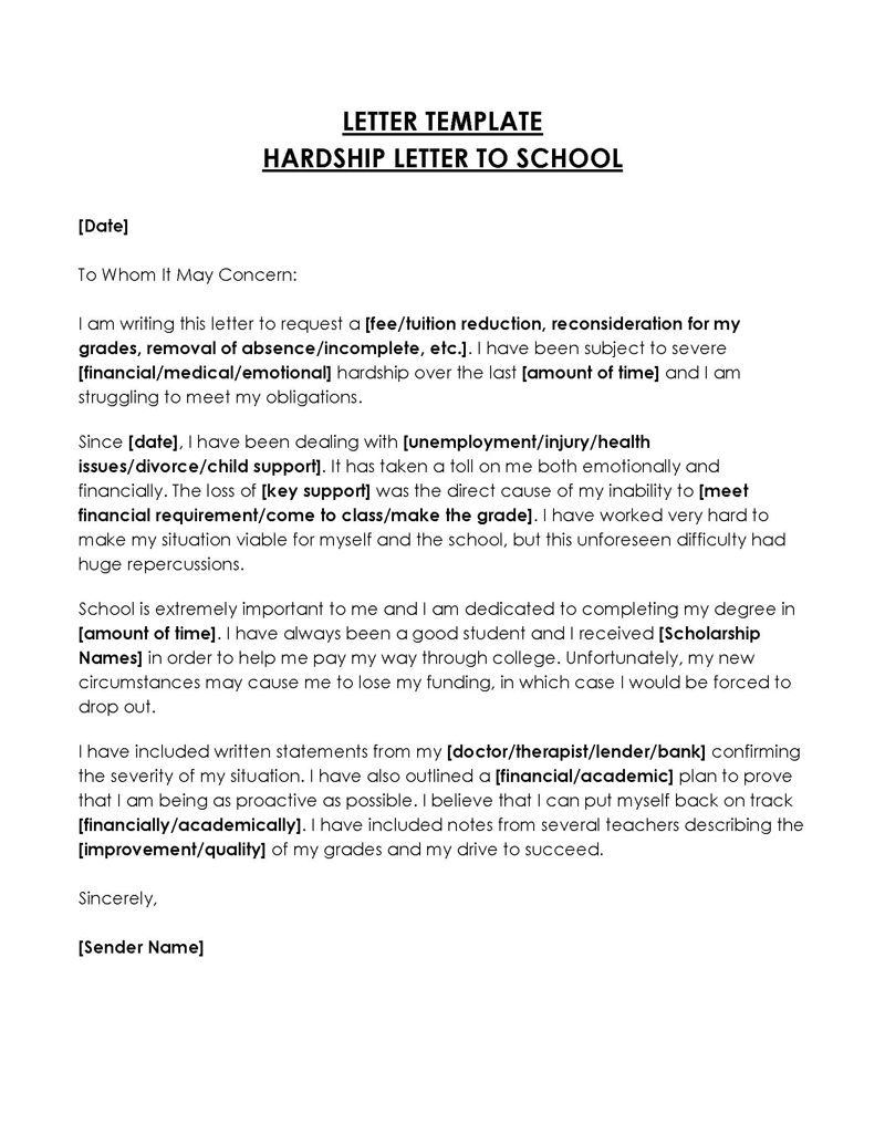 Free Downloadable Hardship Letter to School Sample 01 in Word Format